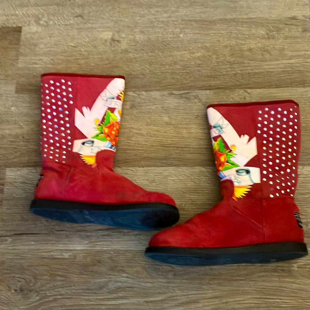 Ed Hardy Red Heeled Boots with Graphic Design